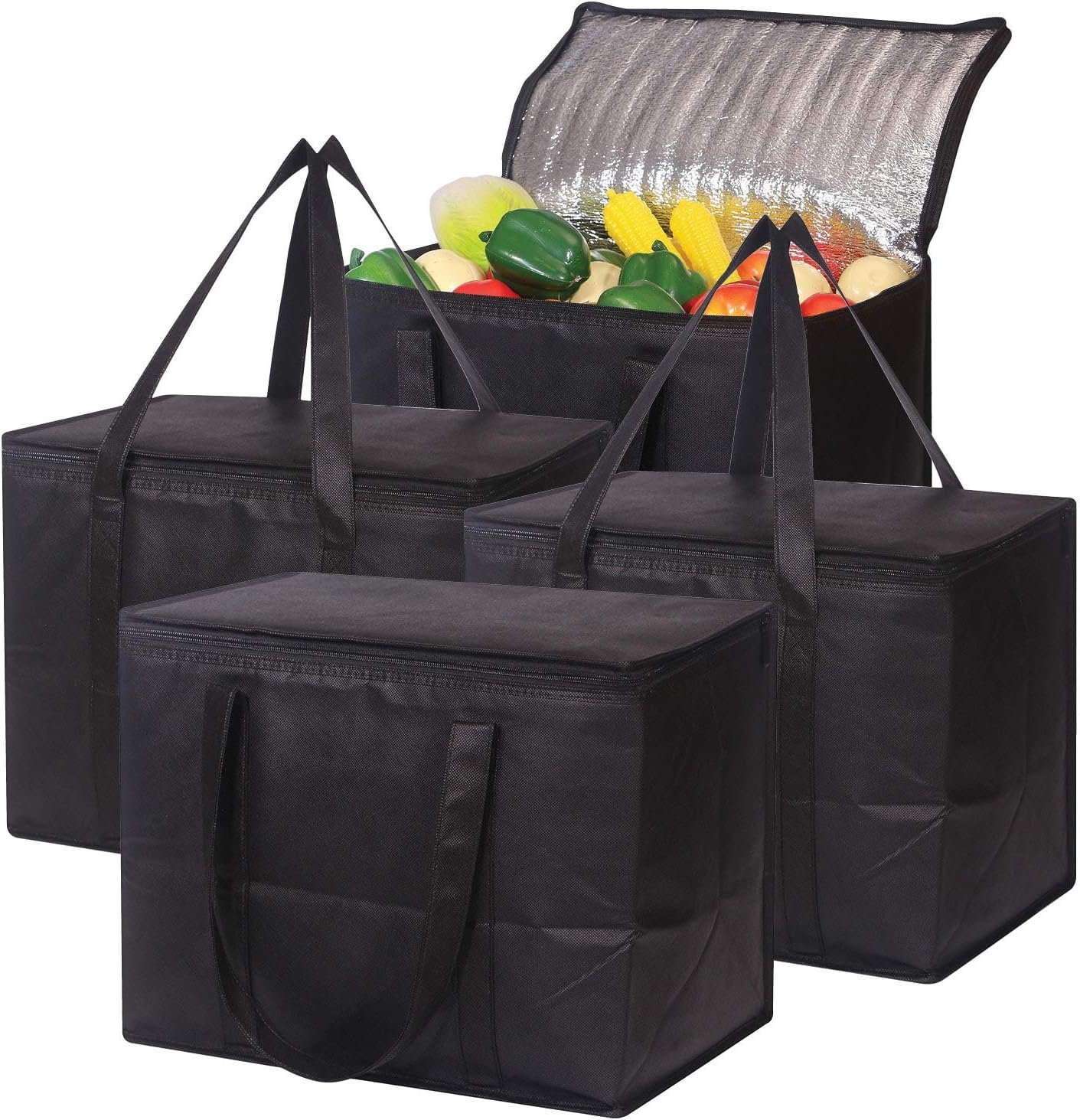 Set of 4 Large Insulated Reusable Grocery Bags with Sturdy Zipper and Handles, Foldable Washable Heavy Duty Cooler Totes for Hot or Cold Food Delivery, Groceries, Travel, Shopping