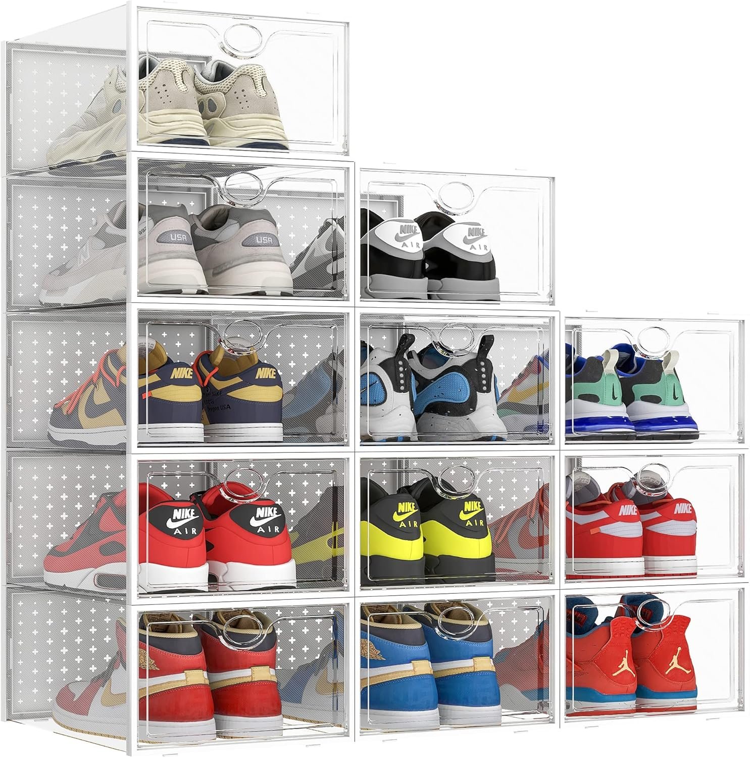 Pinkpum XXL Larger Shoe Storage Boxes Fit Size 14, Clear Plastic Stackable Shoe Organizer 12 Pack Sneaker Storage for Sneakerheads Shoe Containers