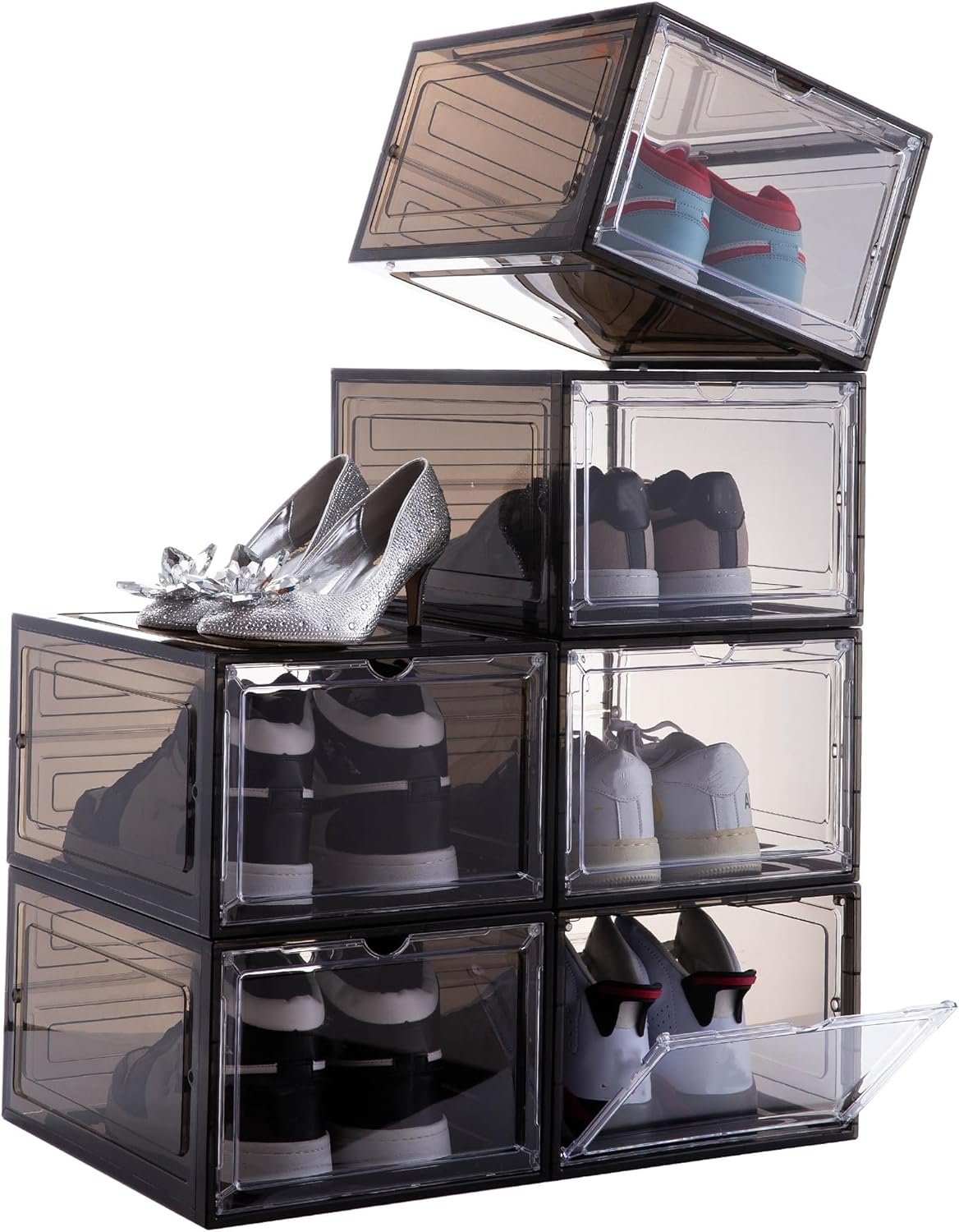 Attelite Shoe Box,Set of 6,Stackable Plastic Clear Shoe Box Organizer with Magnetic Door,Shoe Storage Box Thicken Sturdy,Easy Assembly,Fit up to US Size 12,Black