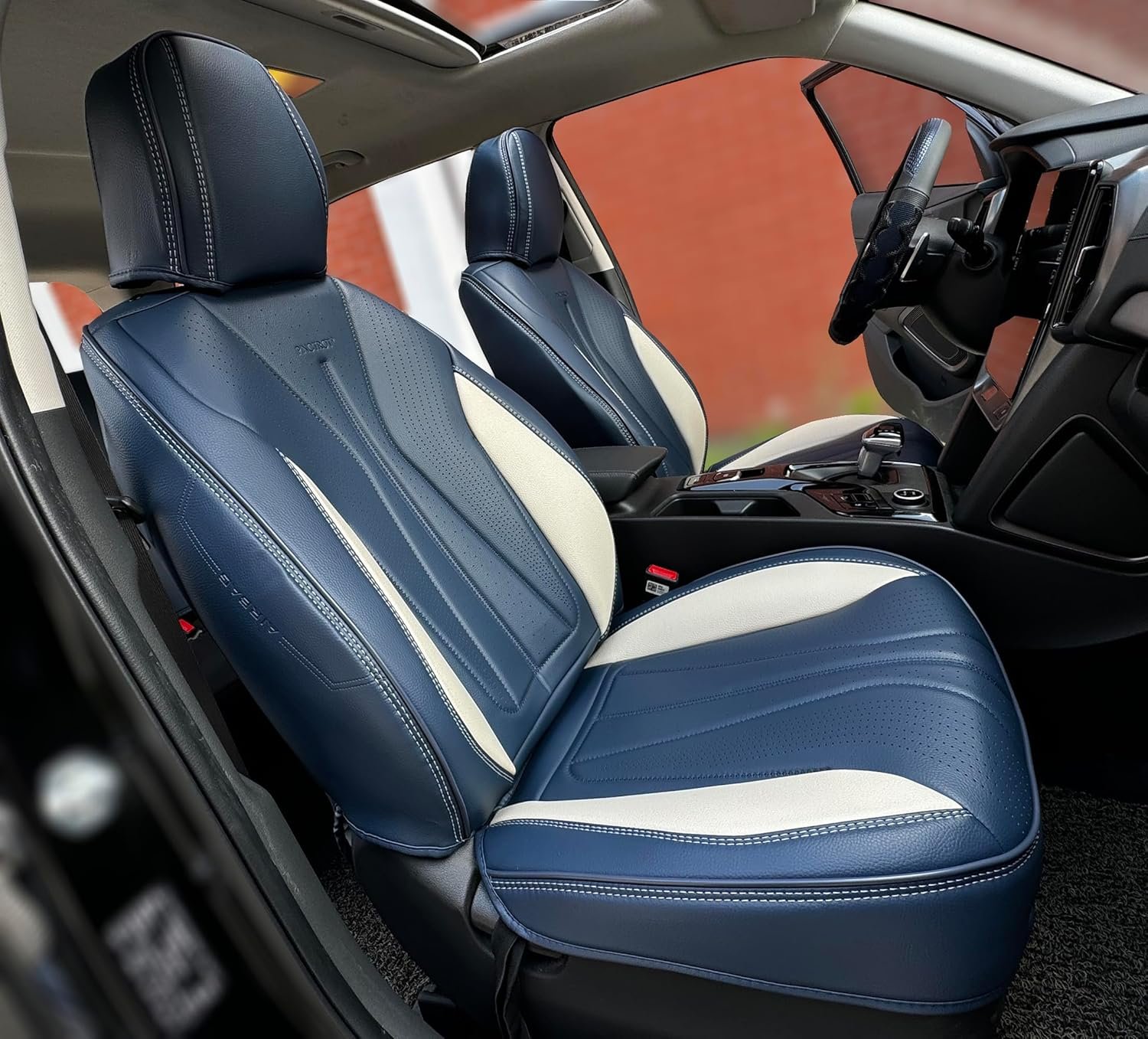 PINCTROT Car Seat Covers Front Set, Breathable Soft Pebbled Leather, Luxury Waterproof Seat Cushion, Airbag Compatible, Seat Protector Universal Fit Most Cars (Front Set, Blue Beige)