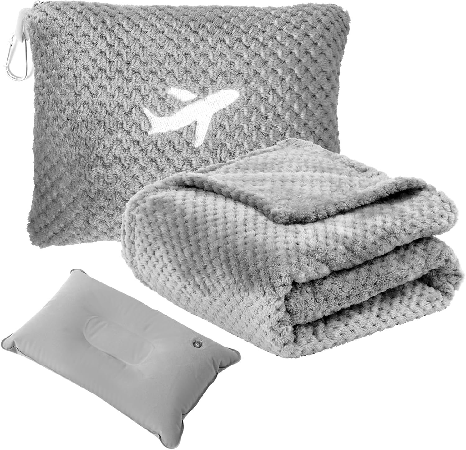 Travel Blanket Airplane Compact with Bag, Travel Essentials 3 in 1 Packable Airplane Blanket, Travel Pillow and Blanket Set, Inflatable Pillow, Luggage Sleeve & Backpack Clip (Light Grey)