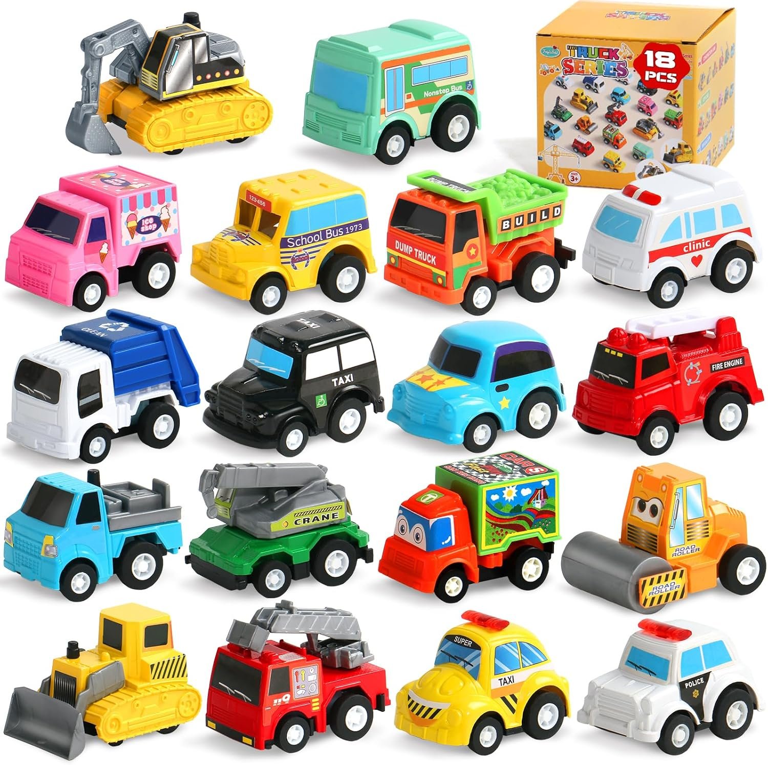 Fajiabao 18 Pcs Toy Cars for Toddlers Mini Pull Back Cars & Trucks Party Favors for Kids 3-5 Classroom Prizes Easter Egg Fillers Bulk & Goodie Bag Stuffers for 2 3 4 5 6 Boys Girls