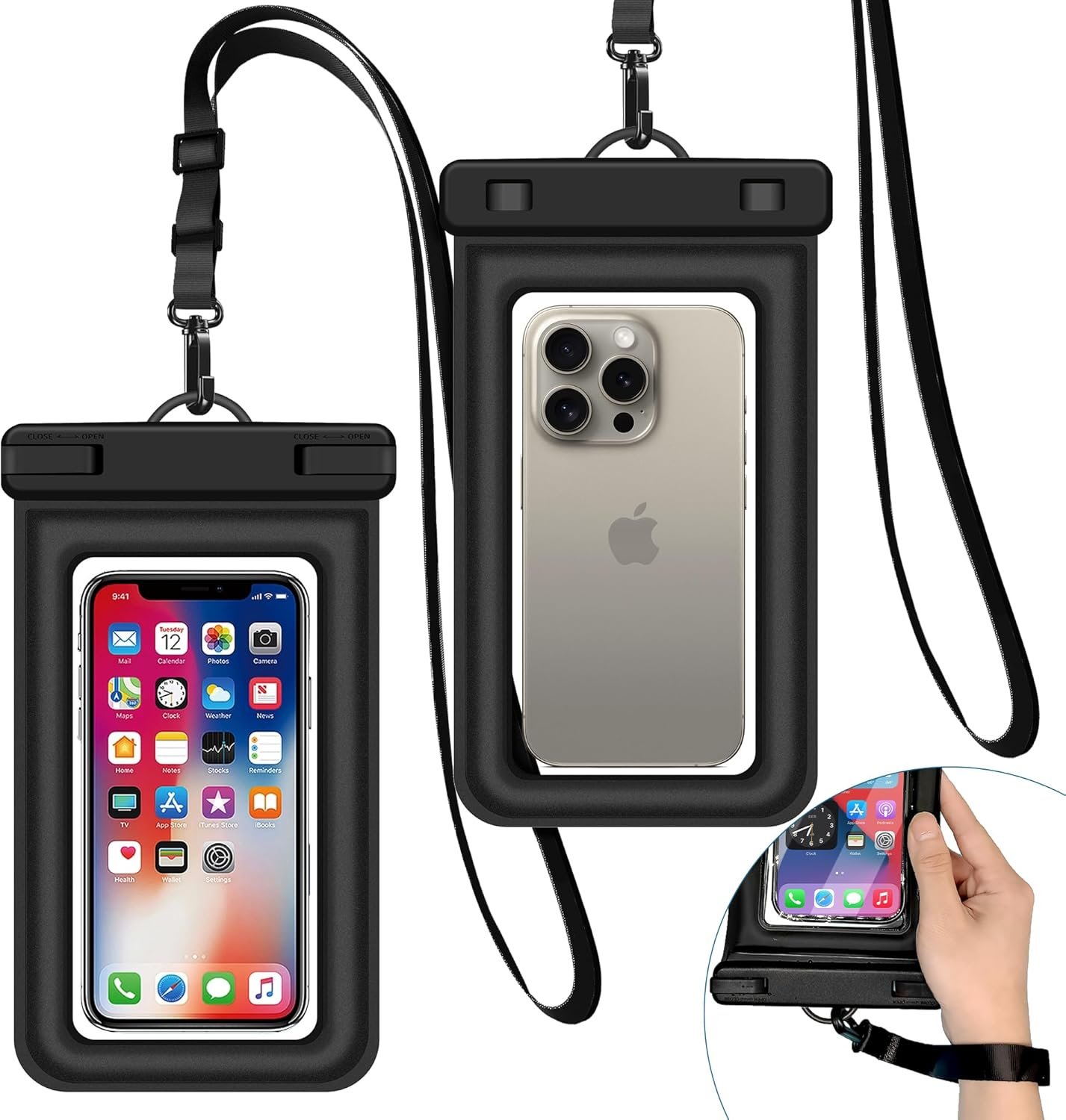 IPX8 Floating Waterproof Dry Bag 2-Pack, 7.2 Inch Waterproof Phone Pouch for iPhone 16/15/14 Pro Max Galaxy S24/S23 Adjustable Lanyard + Wrist Strap Beach Swimming Travel Essentials Black