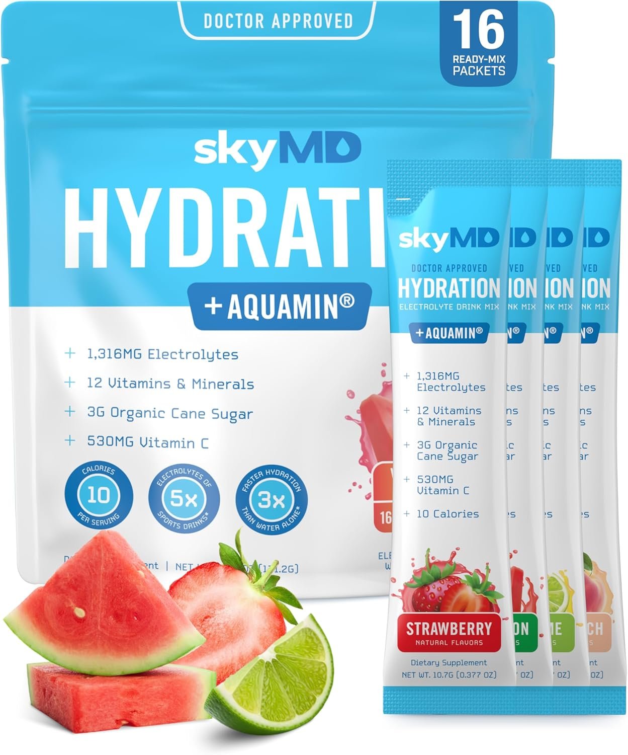 skyMD Daily Hydration | Electrolytes Powder Packets | Low Sugar, 10 Calories | 12 Vitamins & Minerals, Sodium | Drink Mix for Energy and Recovery | Variety Pack | 16 Sticks