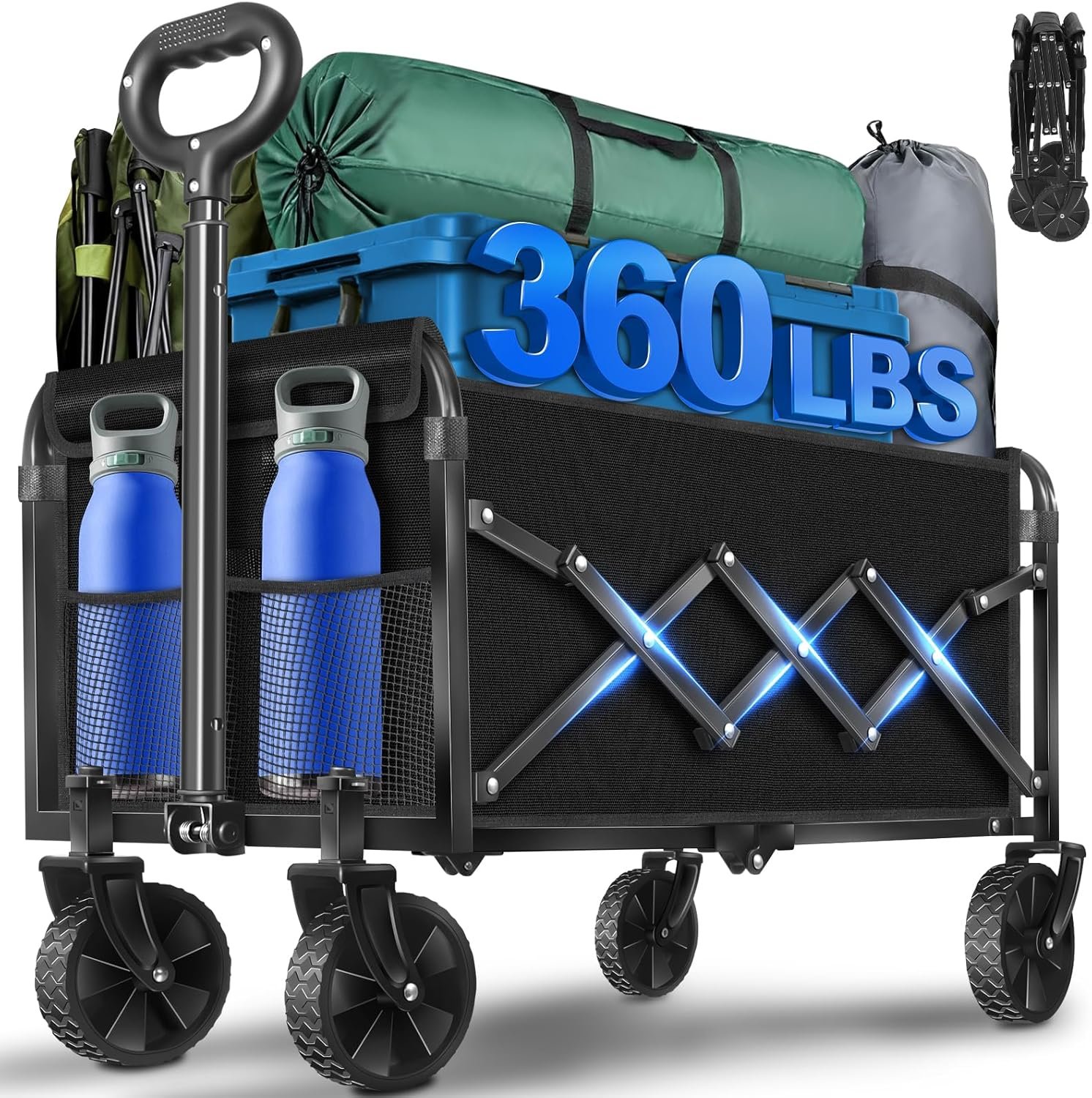 Wagons Cart Foldable, 360 Lbs with Adjustable Handle, Black Lightweight Portable, Collapsible Wagon for Beach Trip, Camping, Shopping, Sports, Travel, Picnic and Grocery (Black)