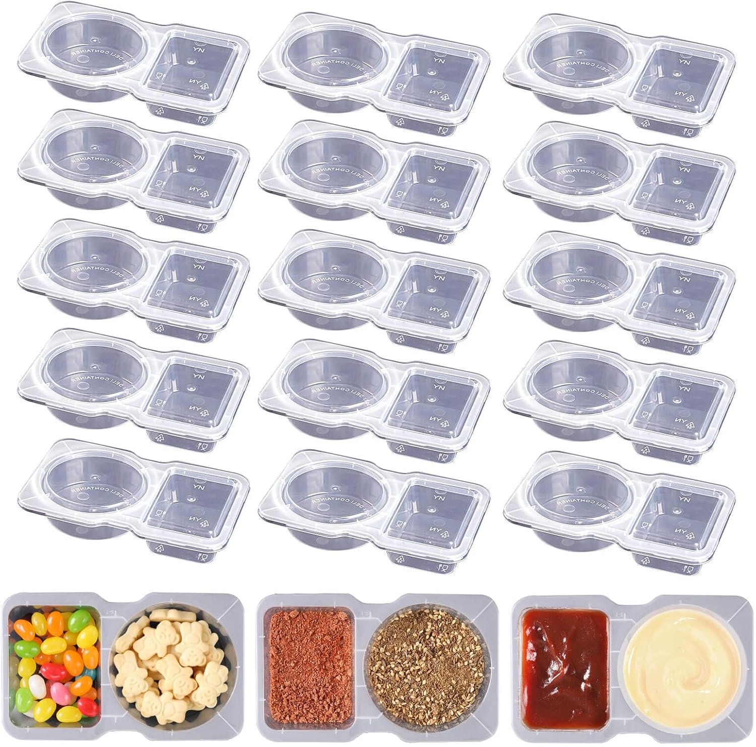 15 Sets Double Compartment Condiment Containers with Lid, Transparent Small Plastic Dipping Containers for Condiments or Dips, Sauce Snack, Salad Dressing, Sampling, Travel Snack
