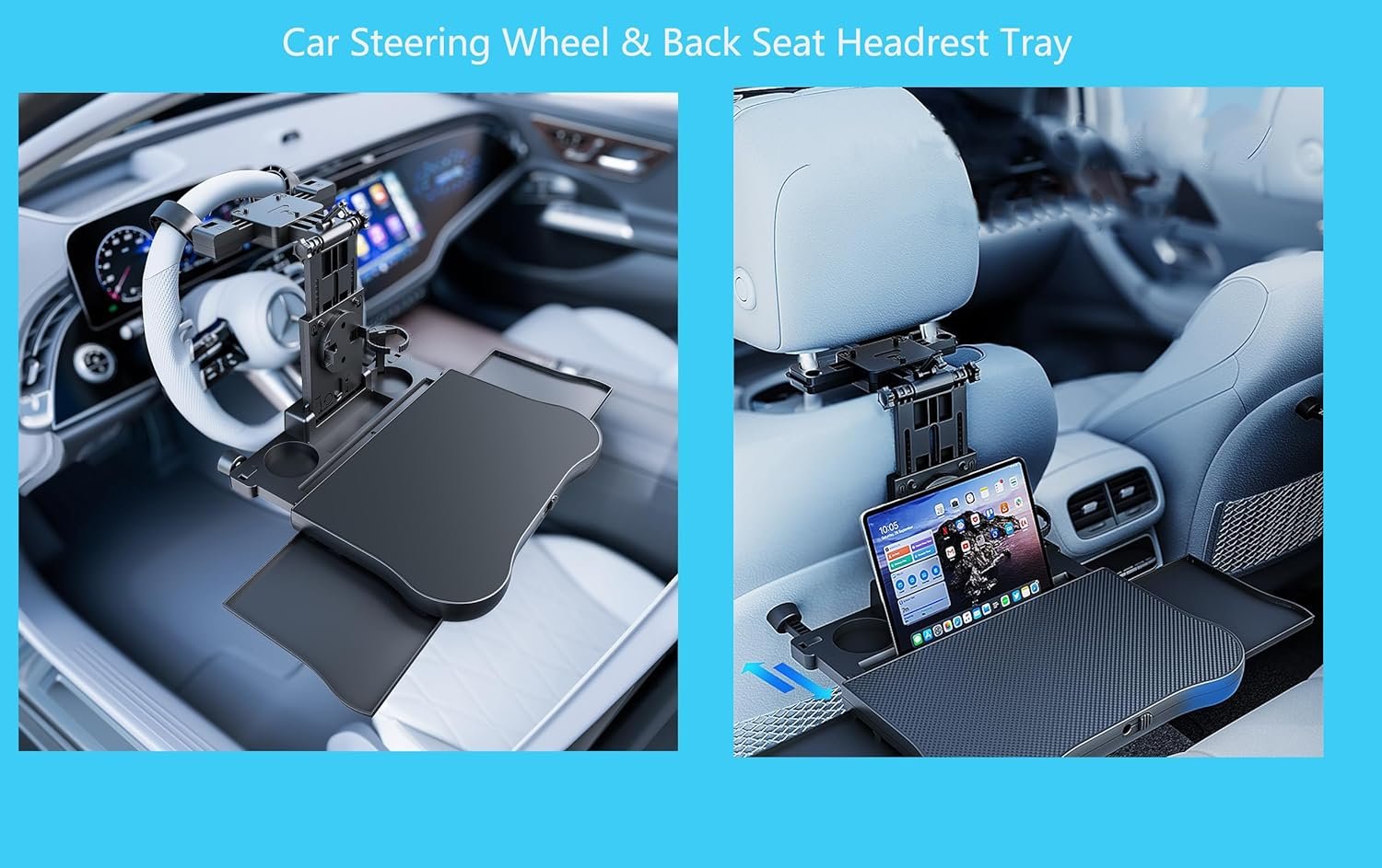 Car Back Seat Tray Table, Steering Tray,2 in 1 Seat Travel Table,car trays for eating, with Phone Holder, steering wheel tray,in Car Desk for Eating,Working, Writing, and Traveling