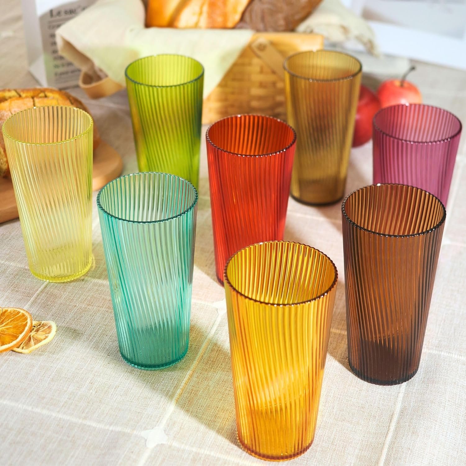 19oz Plastic Tumbler Set of 8, Stackable Drinking Glasses, BPA-Free & Food Grade, Ribbed Design, Top-Rack Dishwasher Safe, Durable Cups for Patio, Party, Gift and Everyday Use
