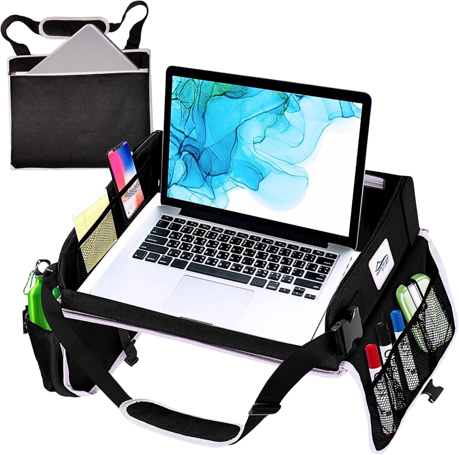 Travel Lap Desk, Travel Tray, Portable Lapdesk for Car, Remote Work, Road Trips, School, Laptop Pad with Storage Pocket, Tablet Holder, Shoulder Strap, Fits up to 15.6-Inch Laptop (Black)