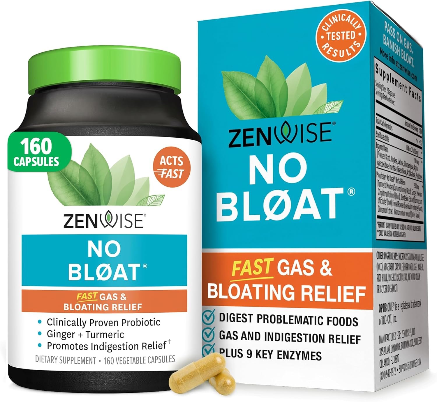 Zenwise Health No Bloat Digestive Enzymes for Gut Health, Gas & Bloating Relief – Multi Enzymes Digestion Supplement with Probiotics, Ginger, Turmeric Dandelion & Lactase – Men & Women – 160 Count