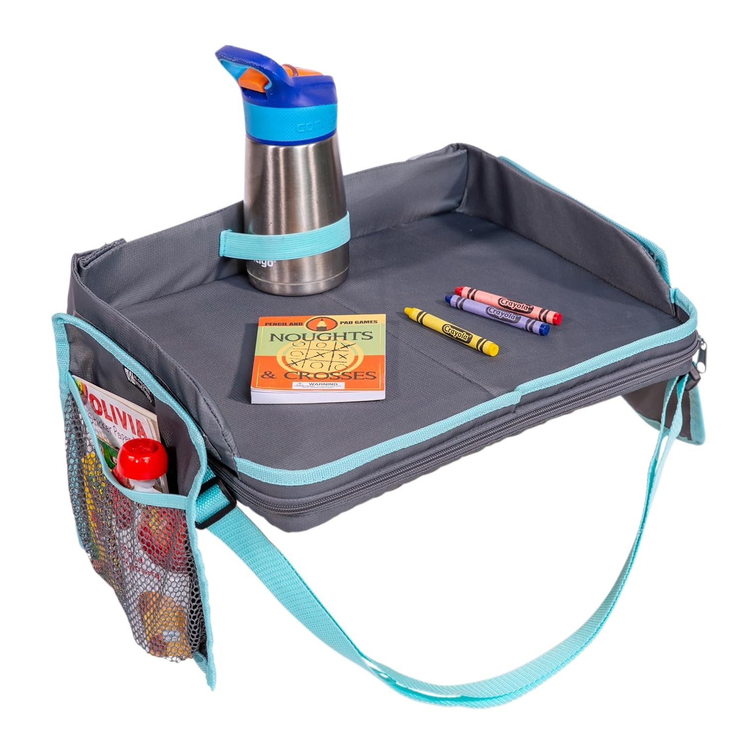J.L. Childress 3-IN-1 Kids Travel Tray & Tablet Holder – Car Seat Lap Tray Desk for Toddlers, Road Trip Essentials, Car Seat Activity Table, Travel Accessories – Grey/Teal