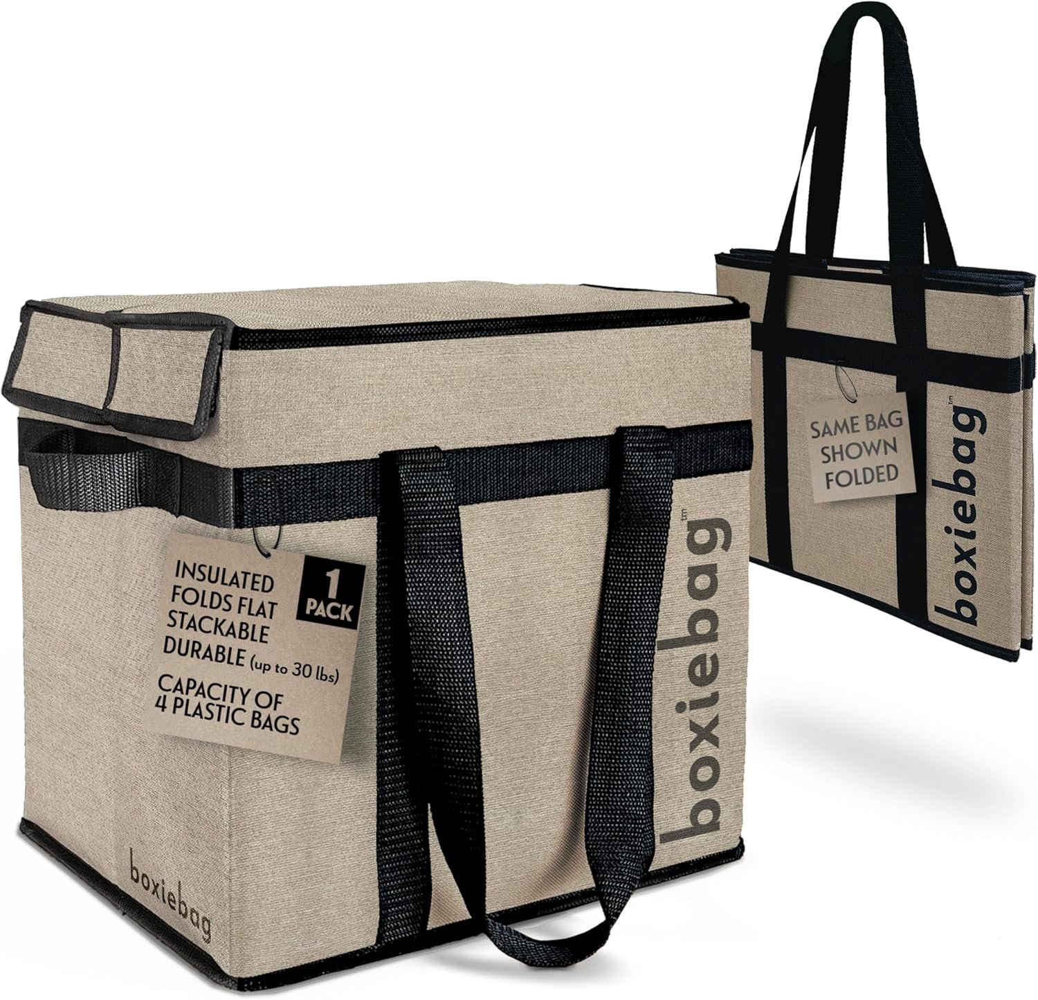 Reusable Grocery Bag (Single) – Durable Reusable Shopping Bag Box. Insulate, Stand Up, Stay Open, Fold Flat – Large Tote Bag with Long Handles & Reinforced Bottom. 2 Year Warranty.