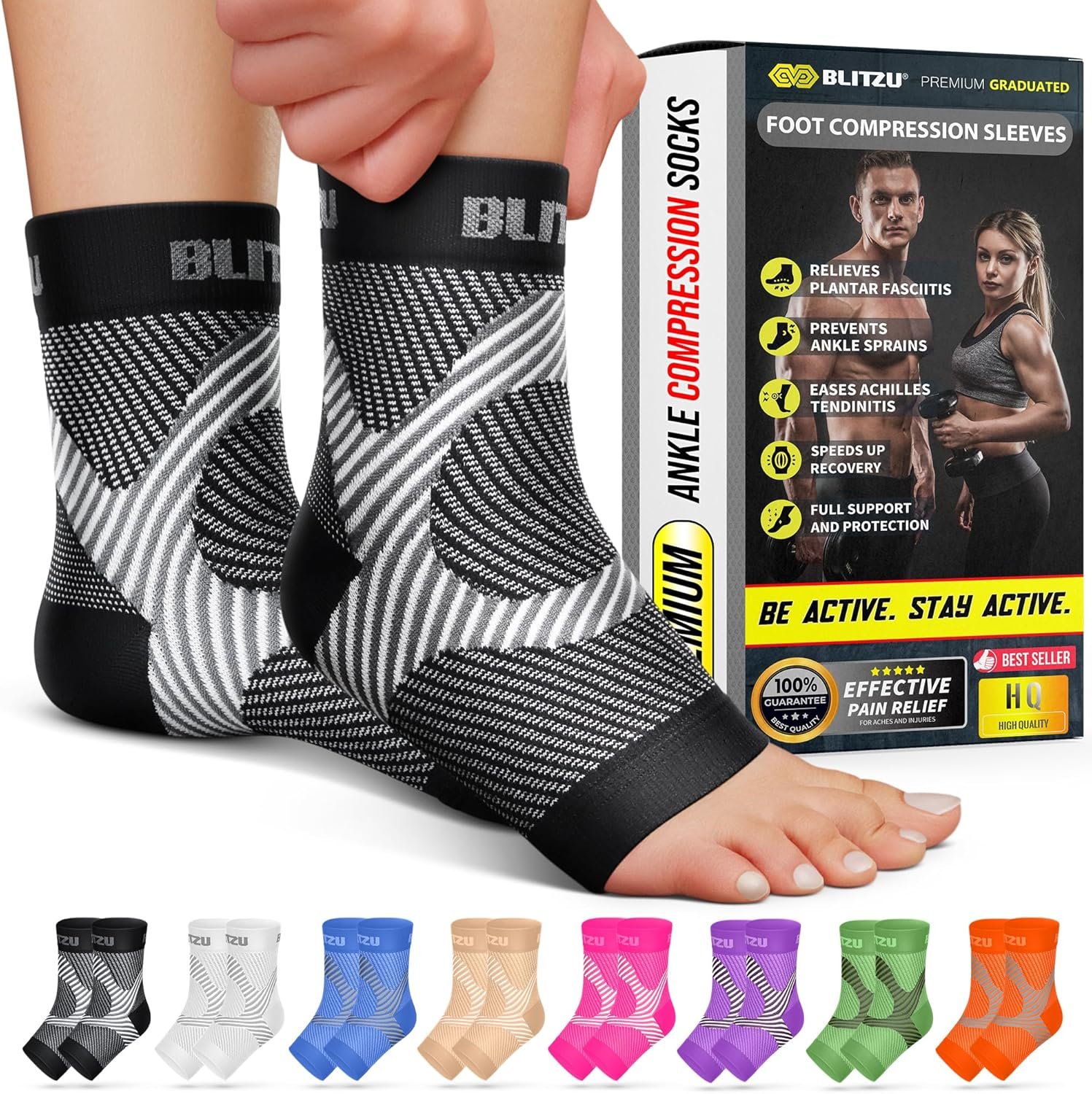 Compression Socks for Plantar Fasciitis, Achilles Tendonitis, Arthritis Relief, Ankle Brace Compression Sleeve with Foot Arch Support, Ankle Wrap for Women, Men, Swelling & Heel Pain Black S-M