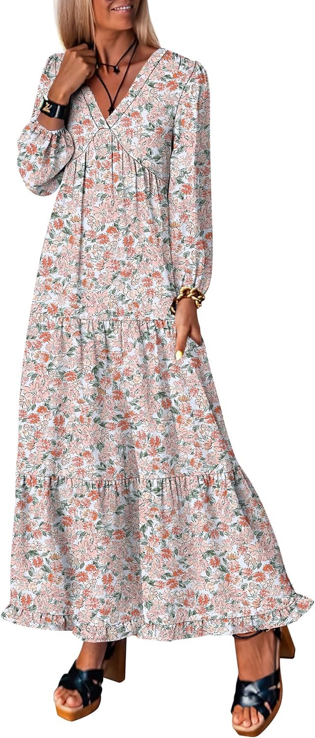 ANRABESS Womens Long Sleeve Boho Maxi Dress 2025 Fall V Neck Floral Striped Casual Loose Fit Beach Vacation Dresses