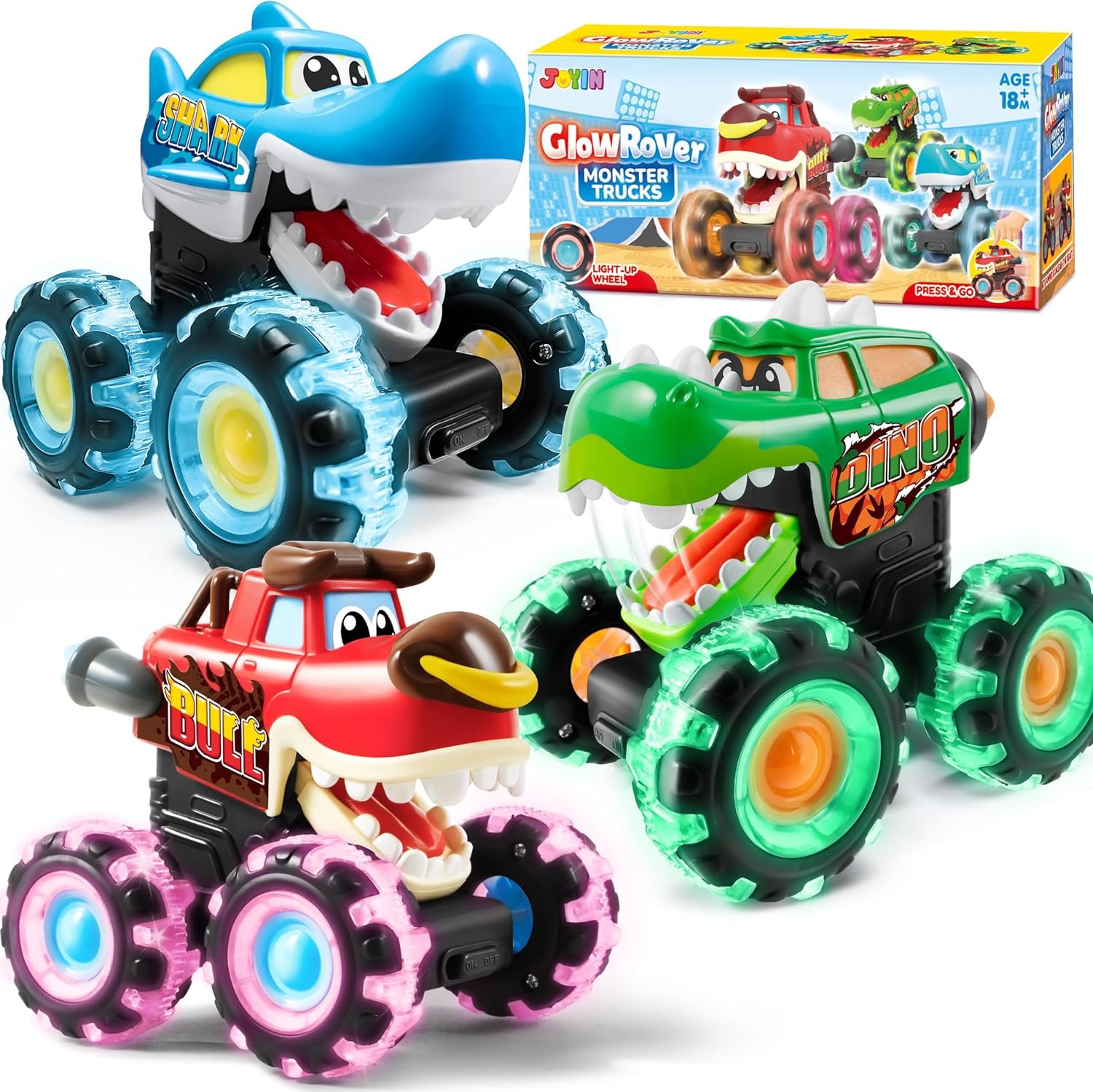 JOYIN 3 Pack Monster Truck Toy – Motion Activated Light Up Cars for Toddlers – Monster Glow Rover LED Wheels – Baby Boy Toys – Press and Go Dinosaur Trucks for Kids Boys Birthday Gifts for Christmas