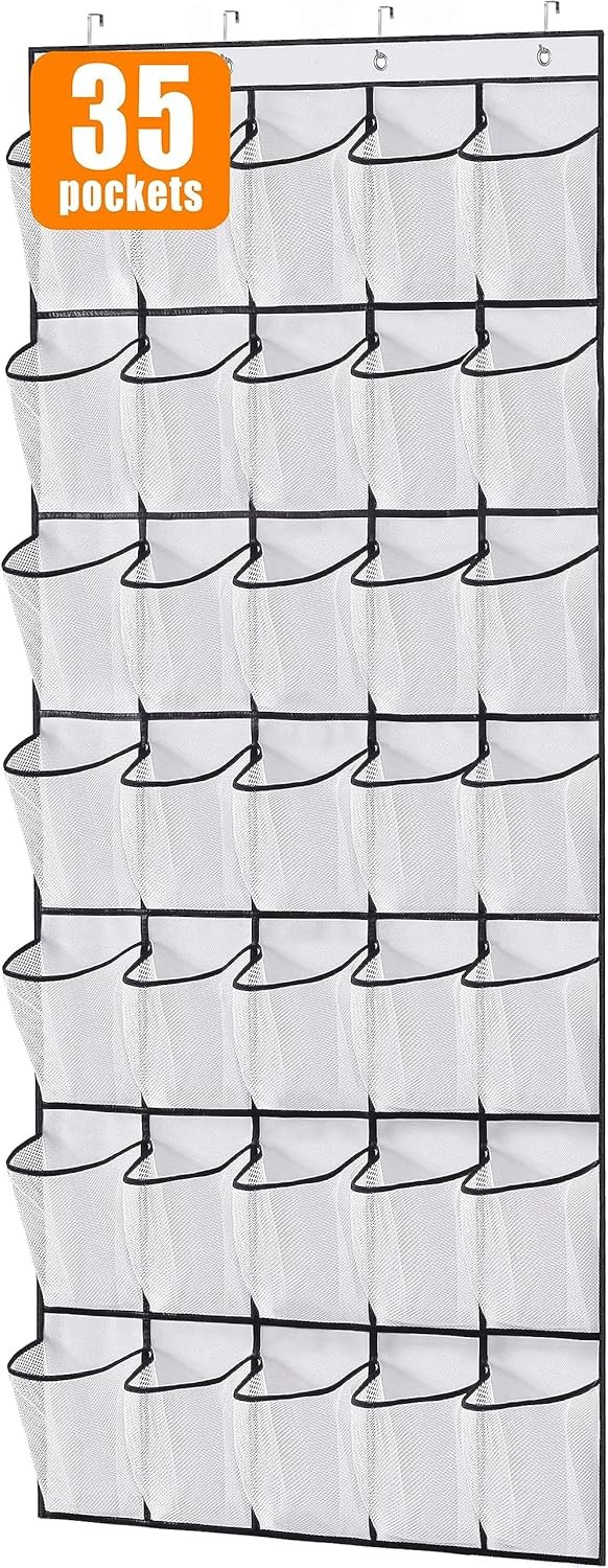MISSLO 35 Large Pockets Over The Door Shoe Organizer Sturdy Oxford Fabric Hanging Shoe Rack for Door Mesh Closet Shoe Holder Hanger, White