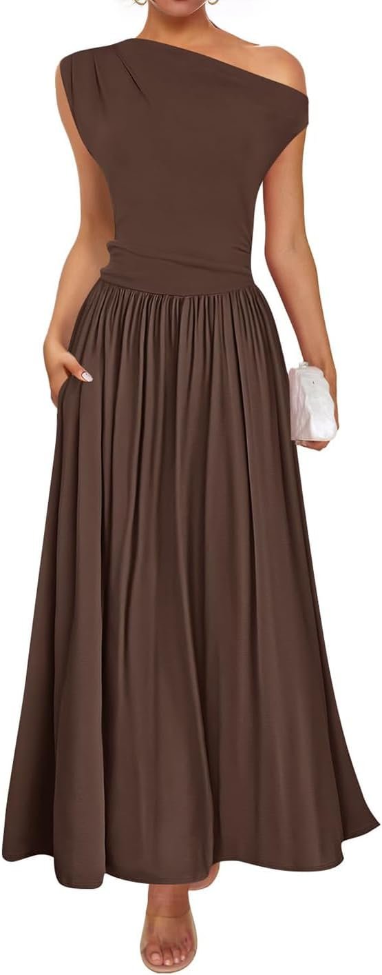 ZESICA Women’s Summer 2026 Sleeveless Maxi Dress One Shoulder Casual Slim Swing Pleated Formal Dresses with Pockets