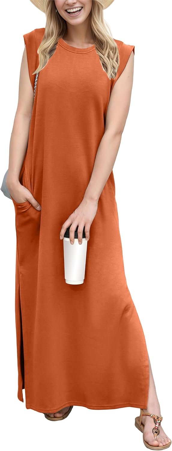 GRECERELLE 2026 Women Year-Round Casual Round Neck Loose Split Wrinkle-Free Long Maxi Vacation Dress with Pockets (XXS-4XL)