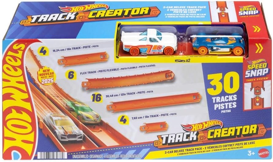 Hot Wheels Toy Car Track Set, Track Creator Deluxe Pack & 2 1:64 Scale Die-Cast Vehicles, 25 Feet of Different Length Speed Snap Track & Connectors (Amazon Exclusive)