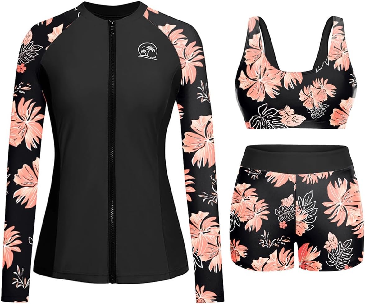 Holipick Long Sleeve Swimsuits for Women – 3 Piece Rash Guard with Shorts Zipper SPF Swim Shirt with Built in Bra