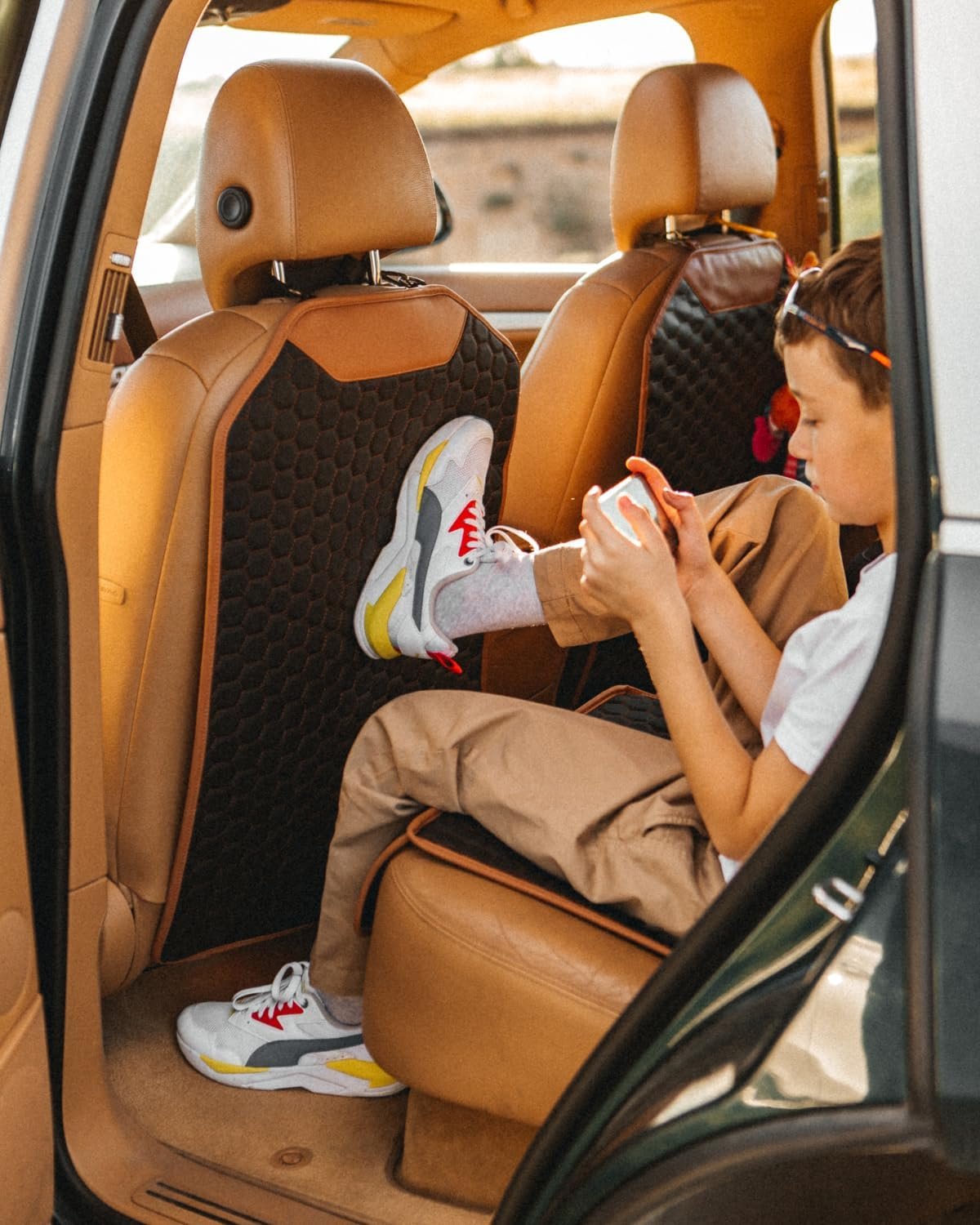 Owleys Kick Mat Back Seat Protector – Car Back Seat Cover for Kids Feet – Waterproof & Sturdy Protector for Upholstery from Dirt, Mud, Scratches and Stain (Hexy)