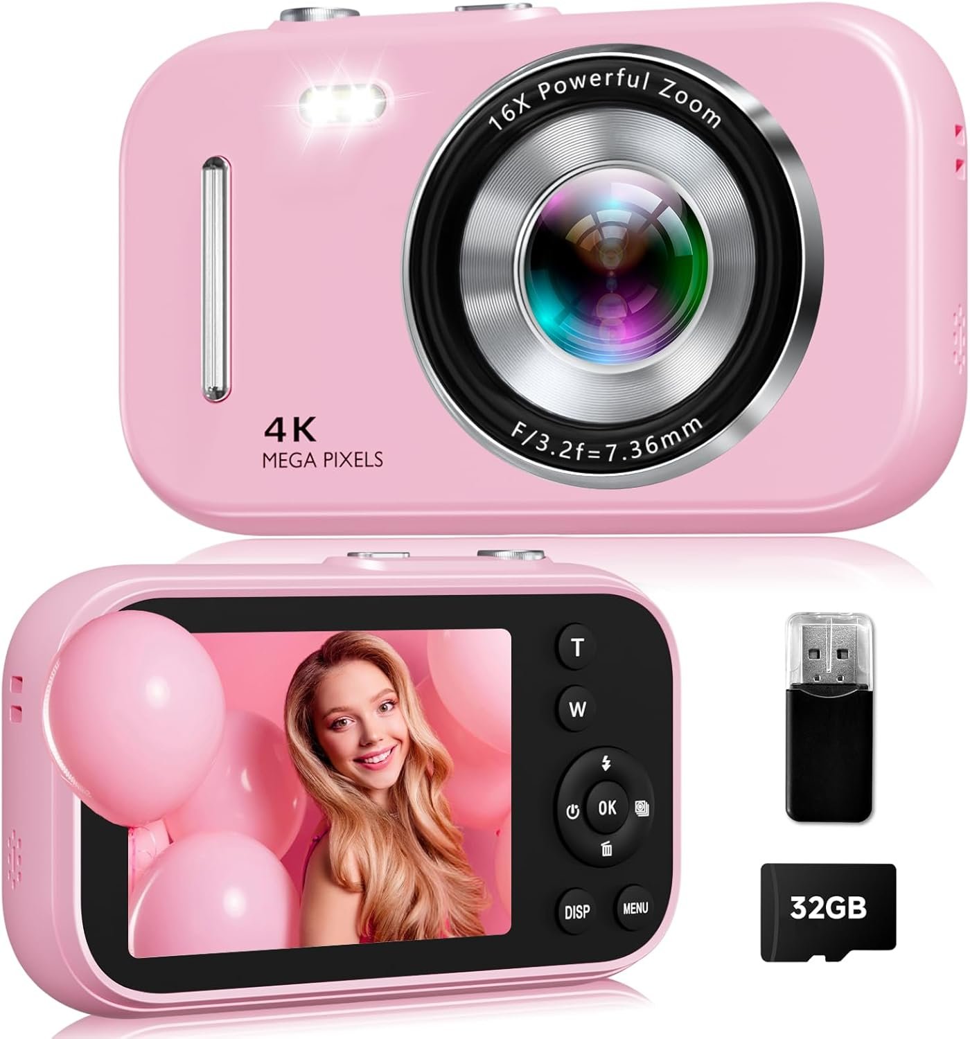 Digital Camera, 48MP 4K Compact Digital Camera with Auto Focus, Point and Shoot Camera with Beauty Mode, Anti-Shake, 32GB Card, Card Reader, Portable Travel Camera for Teens Beginners