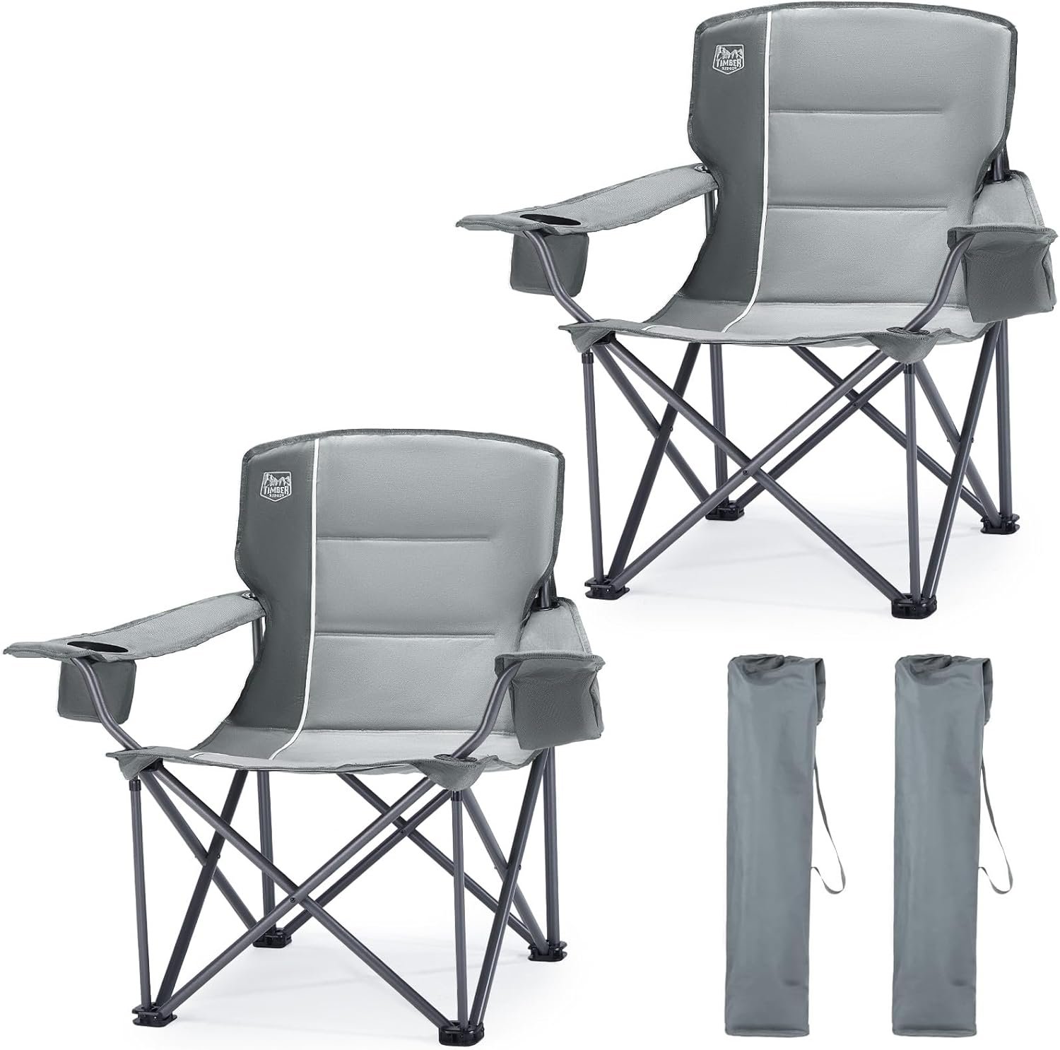 TIMBER RIDGE Oversized Folding Camping Chair for Adults, Support 550 LBS Heavy Duty with Cup Holder Side Pocket for Camping, Lawn, Picnic, 2 Pack(Grey)