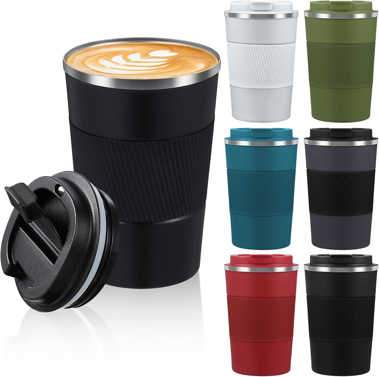 Foaincore 6 Pcs 12 oz Travel Coffee Mug with Lid Leakproof Coffee Tumbler Bulk Insulated Cup Stainless Steel Mug Reusable for Hot Cold Drink Tea (Red,Black,White,Blue,Green,Gray)
