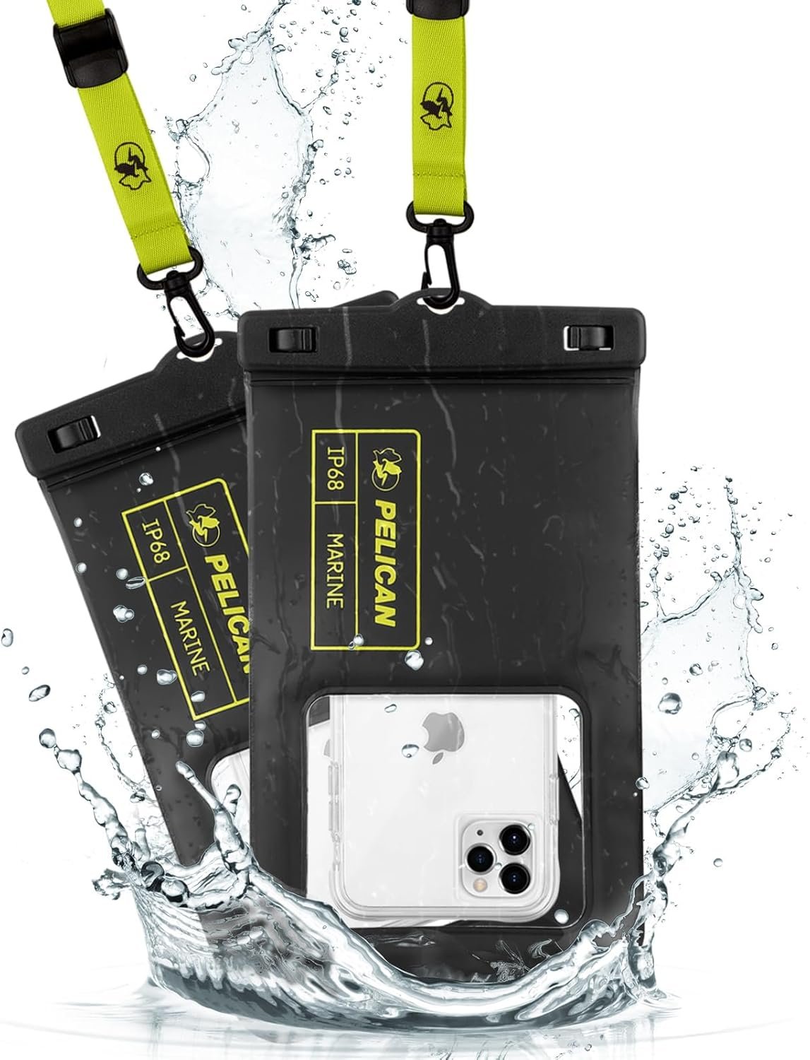 Pelican 2 Pack Marine – IP68 Waterproof Phone Pouch (XL Size) Floating Waterproof Phone Case – Beach Cruise Ship Travel Essentials – Works with All Phones – Detachable Lanyard – Black/Hi-Vis Yellow