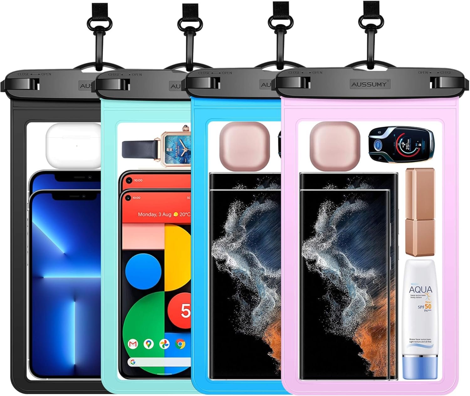 4 Pack 10.5“ Large Waterproof Phone Pouch – Underwater Clear Cell Holder – Universal Water Proof Dry Bag with Neck Lanyard for iPhone 17 Pro Max Samsung Galaxy with Heavy Case for Beach Swimming Pool