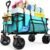 Collapsible Wagon Cart Heavy Duty Foldable, Folding Beach Wagon with Big Wheels for Sand, Utility Grocery Cart with Side Pocket and Brakes for Sports Outdoor Activities, Light Blue